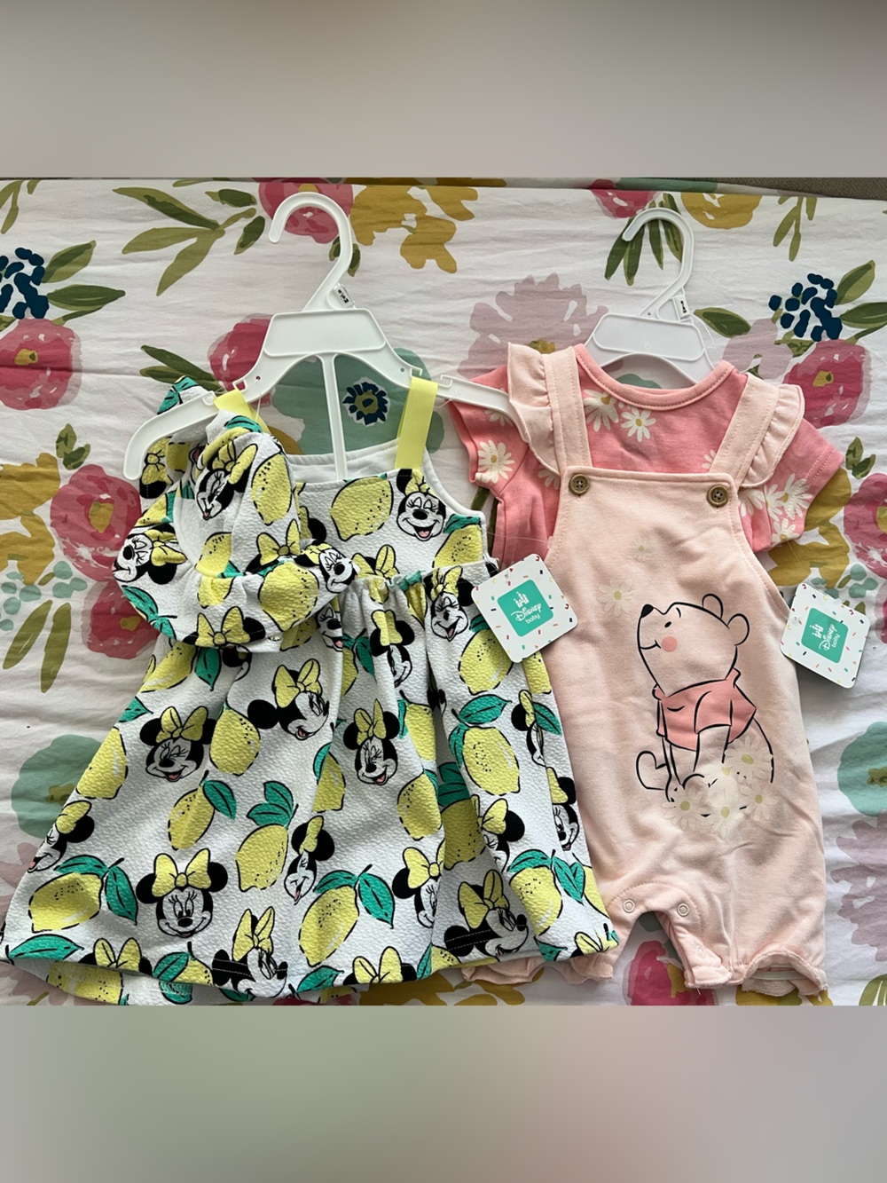 Pooh Bear Pink Baby Romper and Minne Mouse Lemon Print Dress Set